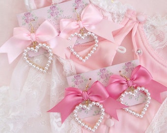 Pearl Heart Baby Pink Hot Pink Bow Earrings (Dangle / Clip On) , Romantic Angelic Jewelry Cute Earrings