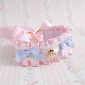 Dreamy pastel powder pink choker necklace , kitten pet play collar , light blue bow white lace , fully lined