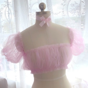 Romantic Pastel Baby Pink Tulle Tube Crop Top Off shoulder Puff Short Sleeves Mesh top Lingerie , Kawaii Clothes