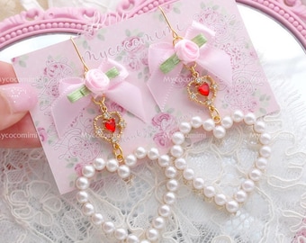 Coquette Baby Pink Bow Flower Red Rhinestone Pearl Heart Earrings (Dangle / Clip On), Romantic Glam Soft Girl Jewelry