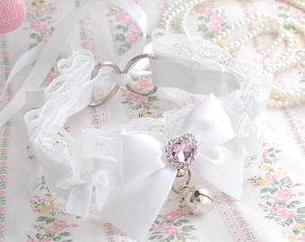 Angelic white lace choker necklace , kitten pet play collar ,pink rhinsetone heart bow with a bell  , soft girl core kawaii accessories