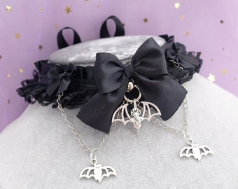 Cute Little Bats Kitten Pet Play Collar Gear ,Vampire Choker Necklace All Black Satin Lace Ruffles Chain Bow Tug Proof Kawaii Goth Dark