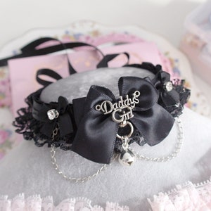 Daddys girl tag black lace choker necklace, kitten play collar , rhinestone bow chain with a bell , goth style cute jewelry  DDLG