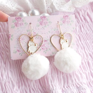 Super cute little booty kitty cat gold heart white faux fur ball earrings ( Dangle Earrings/Clip On No Pierce ) DDLG Fairy Kei Jewelry