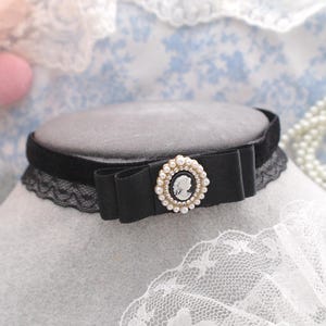 Victorian Style Faux Pearl Cameo black velvet lace choker necklace, satin bow , pastel goth kawaii cute collar necklace