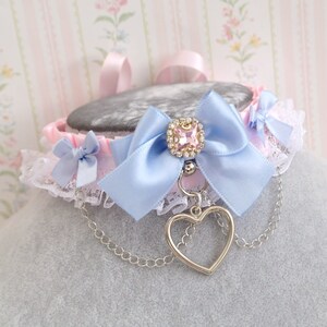 Luxury rhinestone heart pendant baby pink satin choker necklace , kitten play collar , light blue bow white lace  with chain , pastel cute