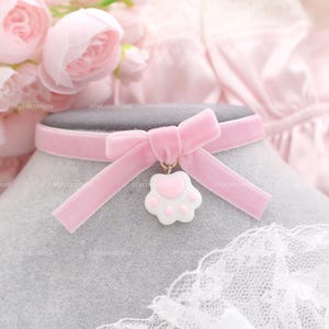 Kawaii Little paw pendant Choker Necklace , baby pink velvet bow , cute cartoon kawaii princess neko day collar
