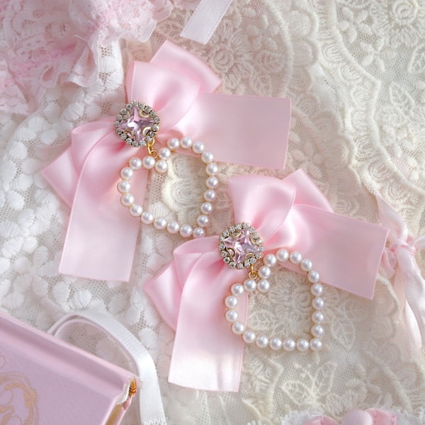 Romantic baby pink satin hair bow , alligator hair clip , rhinestone pearl bow , luxury kawaii pastel princess accessories