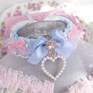 Luxury princess rhinestone pearl heart light blue choker necklace , kitten play collar , white lace ruffles pink velvet bow , kawaii jewelry