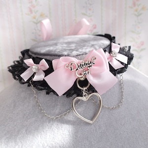 Daddys girl tag black lace choker necklace, kitten play collar rhinestone baby pink bow chain heart pendant , DDLG kawaii style jewelry