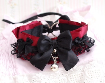Burgundy red black lace choker necklace , kitten pet play collar , black bow with a bell , cute gothic vampire style accessories