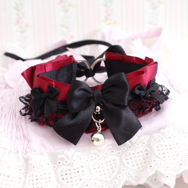 Burgundy red black lace choker necklace , kitten pet play collar , black bow with a bell , cute gothic vampire style accessories