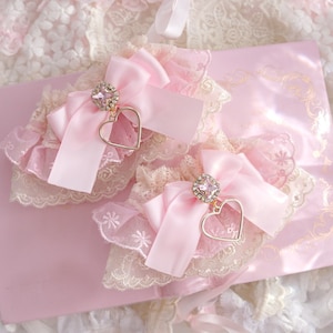 Set of 2 Luxury Wrist Cuffs Gloves Lace Sleeves , Beige Lace Baby Pink Bow rhinestone Gold Heart Pendant bracelet Victorian Sweet Lolita