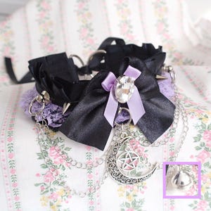 Choose your style - Crescent moon/ Bell , Lilac purple lace ruffles black Kitten Pet Play Collar Choker ,Rhinestone bow spikes Double Chain