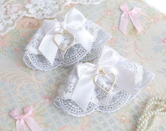 Set of 2 Lolita Wrist Cuffs Gloves Lace Sleeves , Light gray and white Lace Bow gold heart pendant  Wrist bracelet