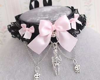 Cute Skull Skeleton choker necklace , kitten play collar gear , Black lace ruffles baby pink bow chain , dark pastel cute goth  style