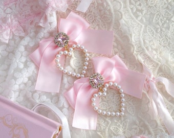 Romantic baby pink satin hair bow , alligator hair clip , rhinestone pearl bow , luxury kawaii pastel princess accessories