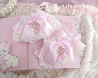 Set of 2 Lolita Wrist Cuffs Gloves Lace Sleeves , Pink ruffles  and White Lace Baby Pink Bow Rhinestone Heart Pendant  Wrist bracelet