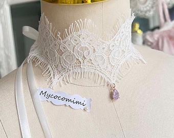 White Fringe Lace Choker Purple Gem, Victorian Collar Necklace, Rococo Ribbon Tie Bridal Jewelry, Romantic Pendant Gift for Her