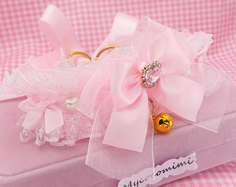 Baby Pink Kittenplay Collar, Bling Heart Bow Choker, White Lace Ruffle Collar, Fairycore Princess Pet Play Jewelry, Kawaii Coquette Gift
