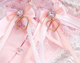 2 pcs Coquette Hair Clips Champagne and Pink Bow • Sparkly Heart Gem Barrettes • Lace Ribbon Kawaii Hair Accessories • Soft Girl Gift