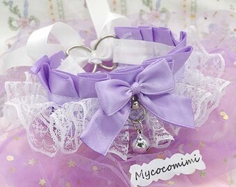 Fairycore Lilac Kittenplay Collar, White Lace Ruffles Bell Choker, Pet Play Gear, Dreamy DDLG Accessories, Pastel Goth Necklace