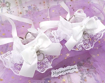 Angelic White Bow Kitten Play Cuffs, Lace Wrist Cuffs Set, Kawaii Pet Play Gear, DDLG Accessories, Cute Anime Cosplay Bracelets