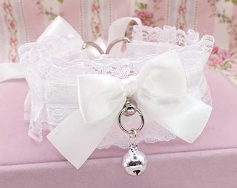Angelic White Lace Kittenplay Collar, Bow Choker with a bell, kawaii Kitten Play Neko Accessories