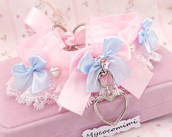 Pink Kitten Play Collar | Light Blue Bow Lace Choker | Princess Heart Pendant O Ring Necklace | Kawaii Pastel Goth Coquette Jewelry Gift