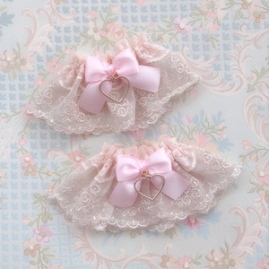Lolita Wrist Cuffs Gloves Lace Sleeves , Beige Lace Baby Pink Bow Gold Heart Wrist bracelet