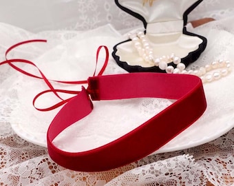 Simple Beautiful Burgundy Red Velvet Choker Necklace , Delicate Ribbon Tie Closure, Perfect for any occasion