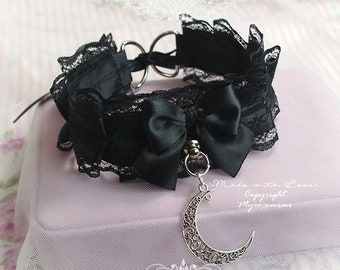 Collar Choker Necklace, Kitten Play Collar ,All Black Bow Bell Tug Proof Crescent Moon, Princess Goth Daddys Girl DDLG Jewelry Cosplay Witch