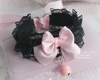 Choker Necklace ,Kitten Rule Play Collar, DDLG Princess Black Lace Pink Bow O Ring Bell , Cosplay Kitten Plar Gear Kawaii Jewelry Neko