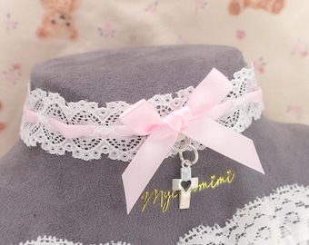 Heart Cross pendant Kawaii white lace baby pink bow choker necklace ,  cute pastel  day collar jewelry soft girl