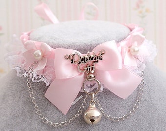 Baby Pink Kitten Play Collar Gear Choker Necklace,Daddys Girl Tag White Lace Pearl Bow with chain  Bell ,Kawaii DDLG Princess Cute