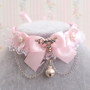 Baby Pink Kitten Play Collar Gear Choker Necklace,Daddys Girl Tag White Lace Pearl Bow with chain  Bell ,Kawaii DDLG Princess Cute