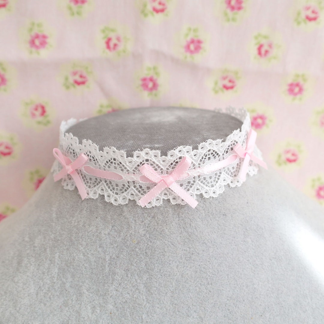 Sweet Cute White Lace Little Baby Pink Bow Choker Necklace, Day Collar ...