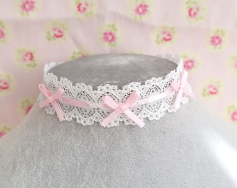 Sweet cute white lace little baby pink bow choker necklace, day collar cute kawaii accessories