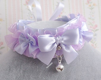 Lilac Light Purple Satin Lace Choker Necklace Kitten Play Collar,  Ruffles Bow ring with a Bell  ,Kawaii Jewelry pastel  Goth DDLG Cute