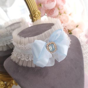 Rococo Style Rhinestone Baby Blue Bow Beige Tulle White Lace Ruffles choker necklace collar , satin tie , Fairy core neck ruff , Handmade