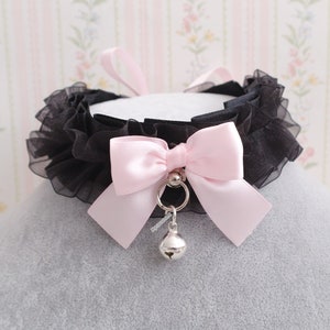 Black lace ruffles choker necklace, kitten play collar, baby pink bow with a bell , cute pastel goth kawaii jewelry