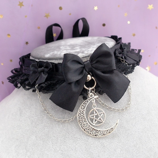 Gothic Black Kitten Pet Rule Play Collar Gear , Choker Necklace All Black Bow Crescent Moon Pentagram Chain , dark goth Jewelry