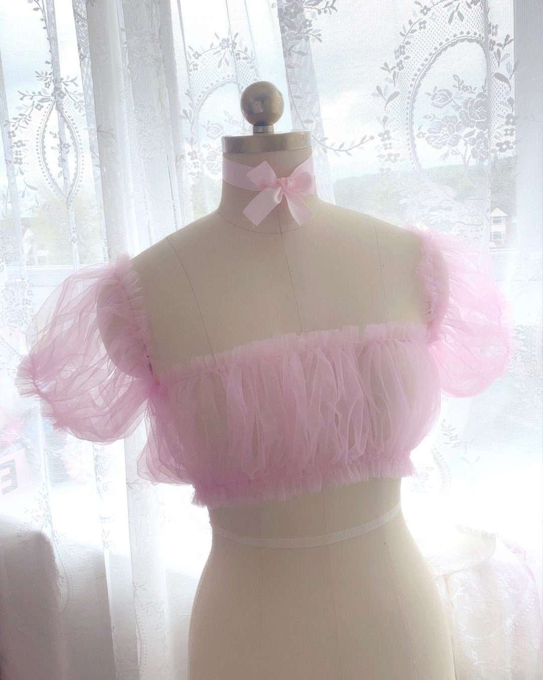 Romantic Pastel Baby Pink Tulle Tube Crop Top off Shoulder