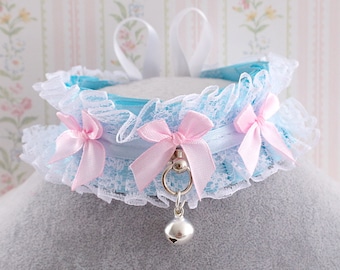 Light Blue Lace Choker: Kawaii Pastel Bow Bell Collar