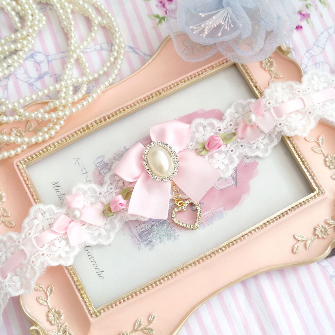 Luxury Princess Collar Choker Necklace White Lace Baby Pink Bow Small ...