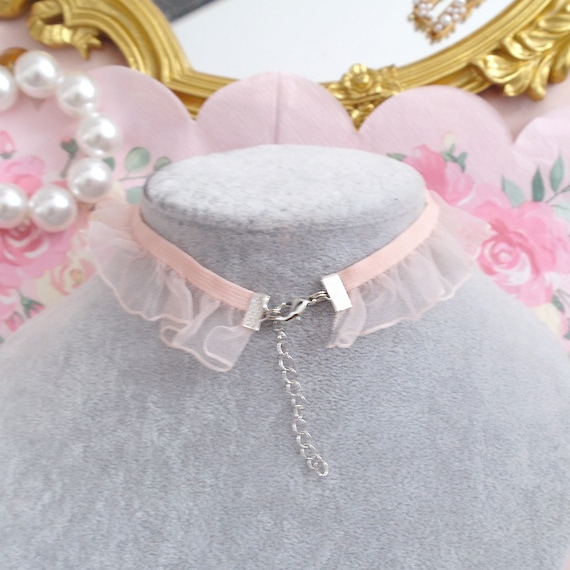 Romantic Heart Blush Pink Lace Choker Necklace, Ruffles Baby Pink