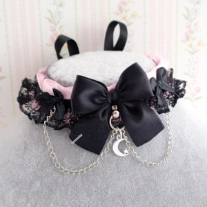 Little crescent moon pendant baby pink choker necklace kitten play collar , black lace ruffles chain bow , kawaii pastel goth