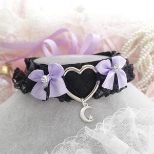Little Crescent Moon Heart Black lace rhinestone Lilac Purple bow choker necklace , kitten pet play collar ,  kawaii pastel goth costume
