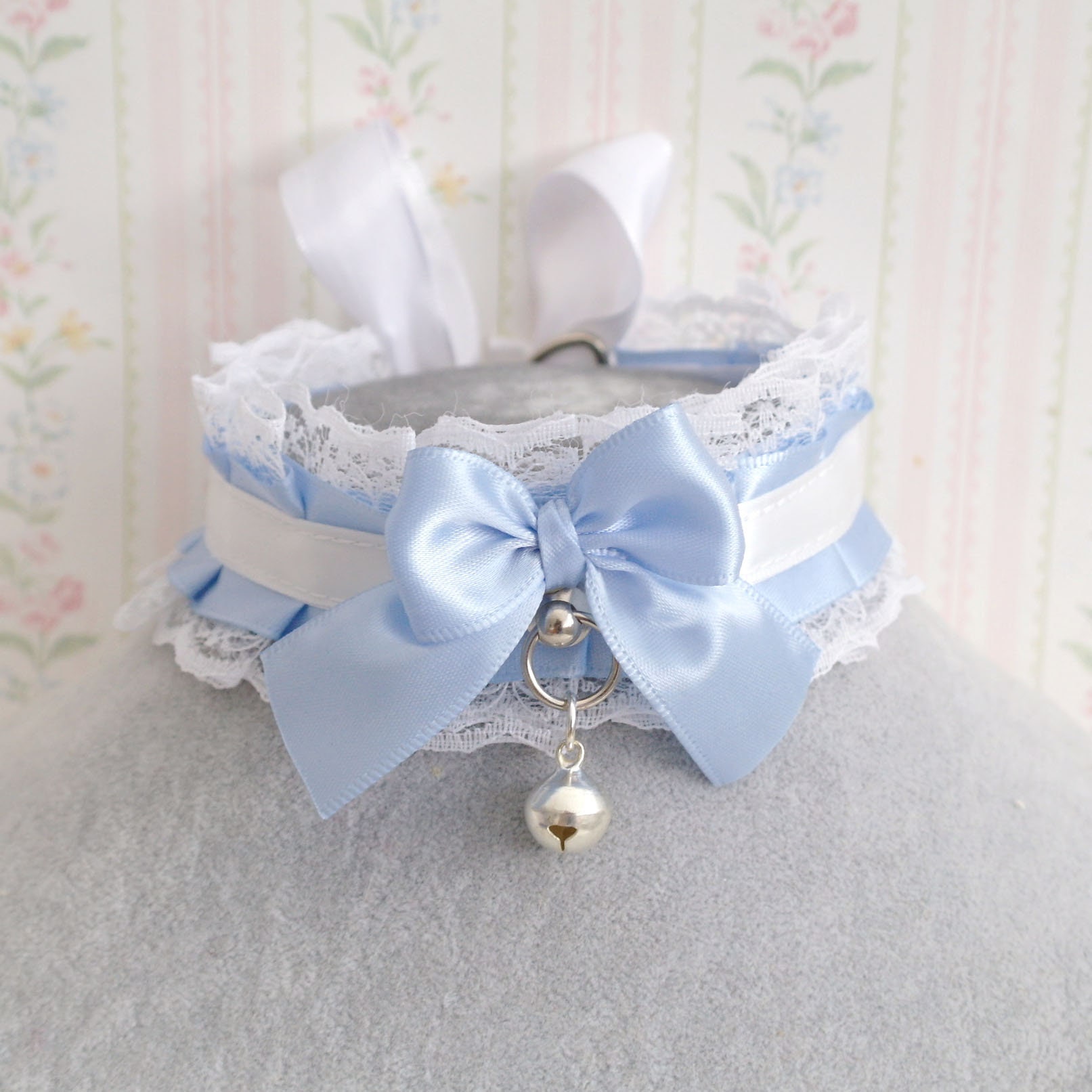 White Lace Light Blue Satin Choker Necklace , Kitten Pet Play