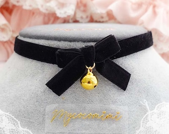 SALE - Black Velvet Choker Necklace with Small Bow and Gold Bell , Tiny cute skinny choker necklace, coquette kitten play day collar *